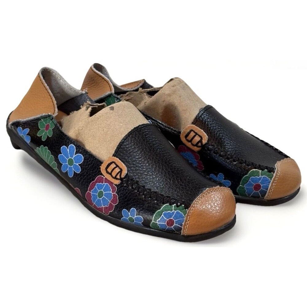 Venus Celia Womens Comfort Walking Flat Leather Loafer Black‎ Tan 8.5 EUR 39